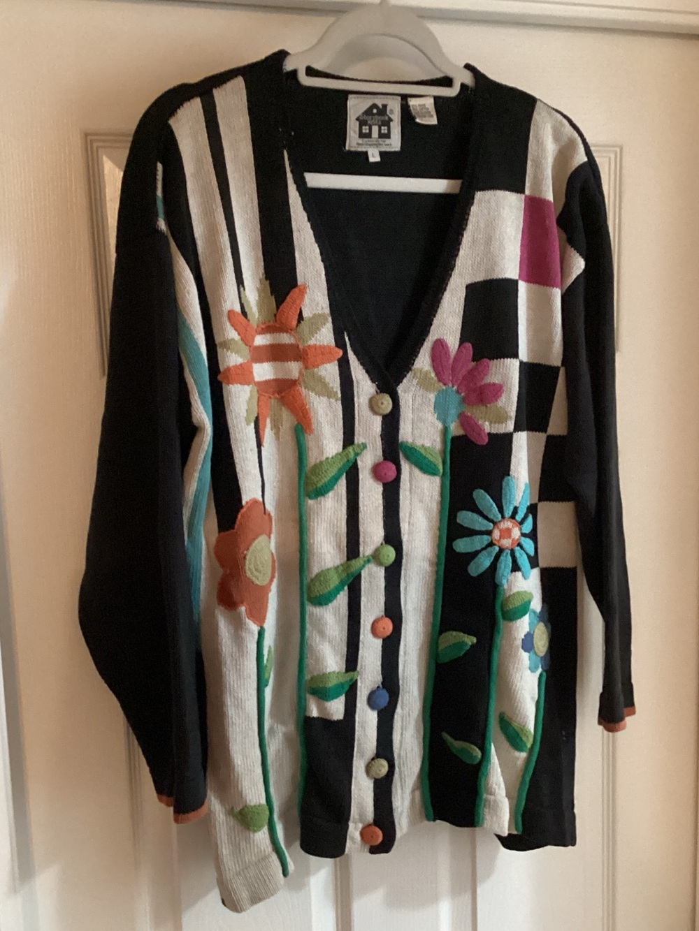 Storybook Knits Black Floral Patchwork V-Neck Cardigan with Multicolor Buttons